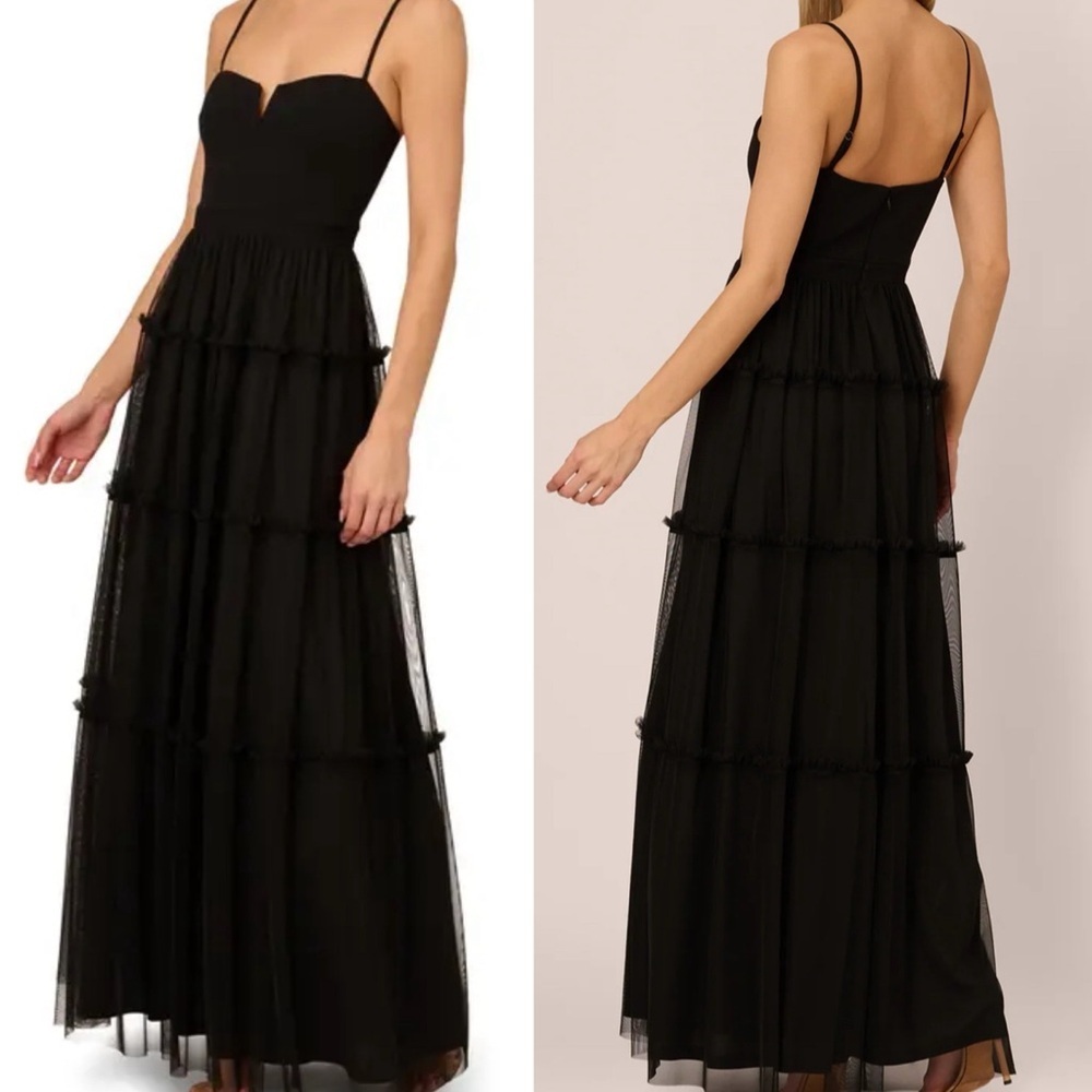 Adrianna Papell | Sleeveless Notch Neck | Tiered Mesh Gown In Black | Size 2